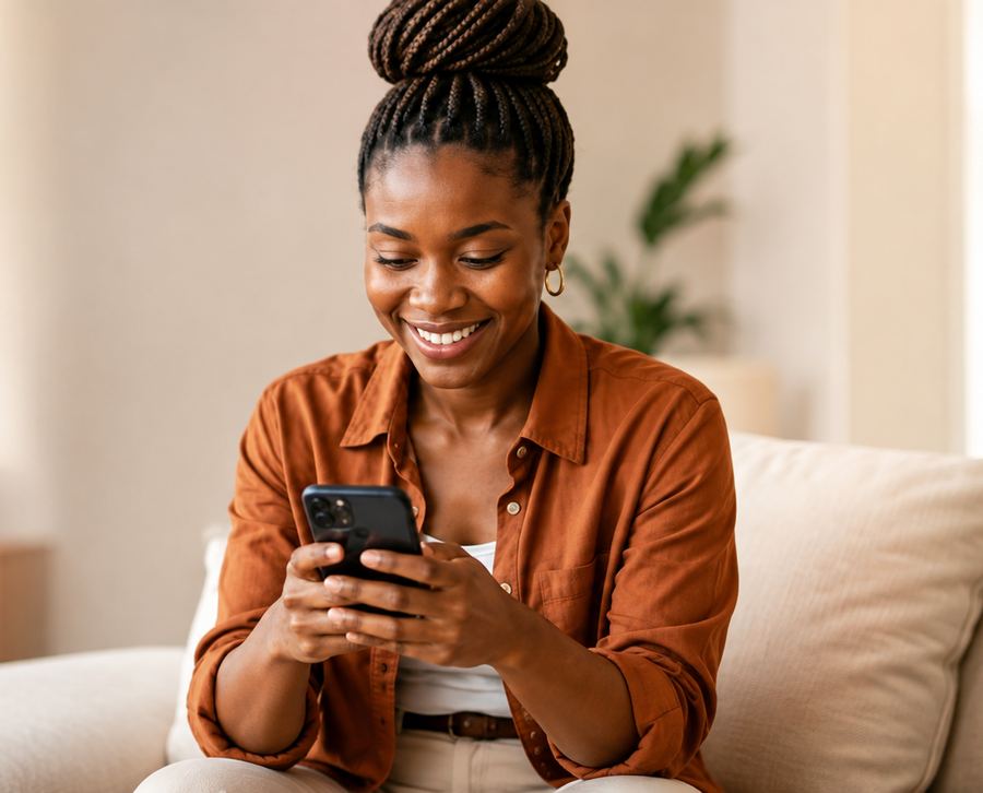 A woman sitting on her couch at home, smiling as she checks her phone.